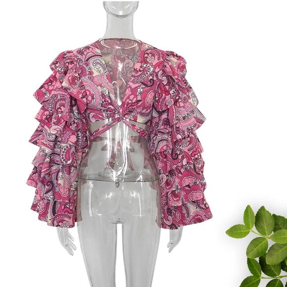 Pink V-Neck Collar Blouse with Butterfly Ruffle Sleeves - Picture 3 of 4